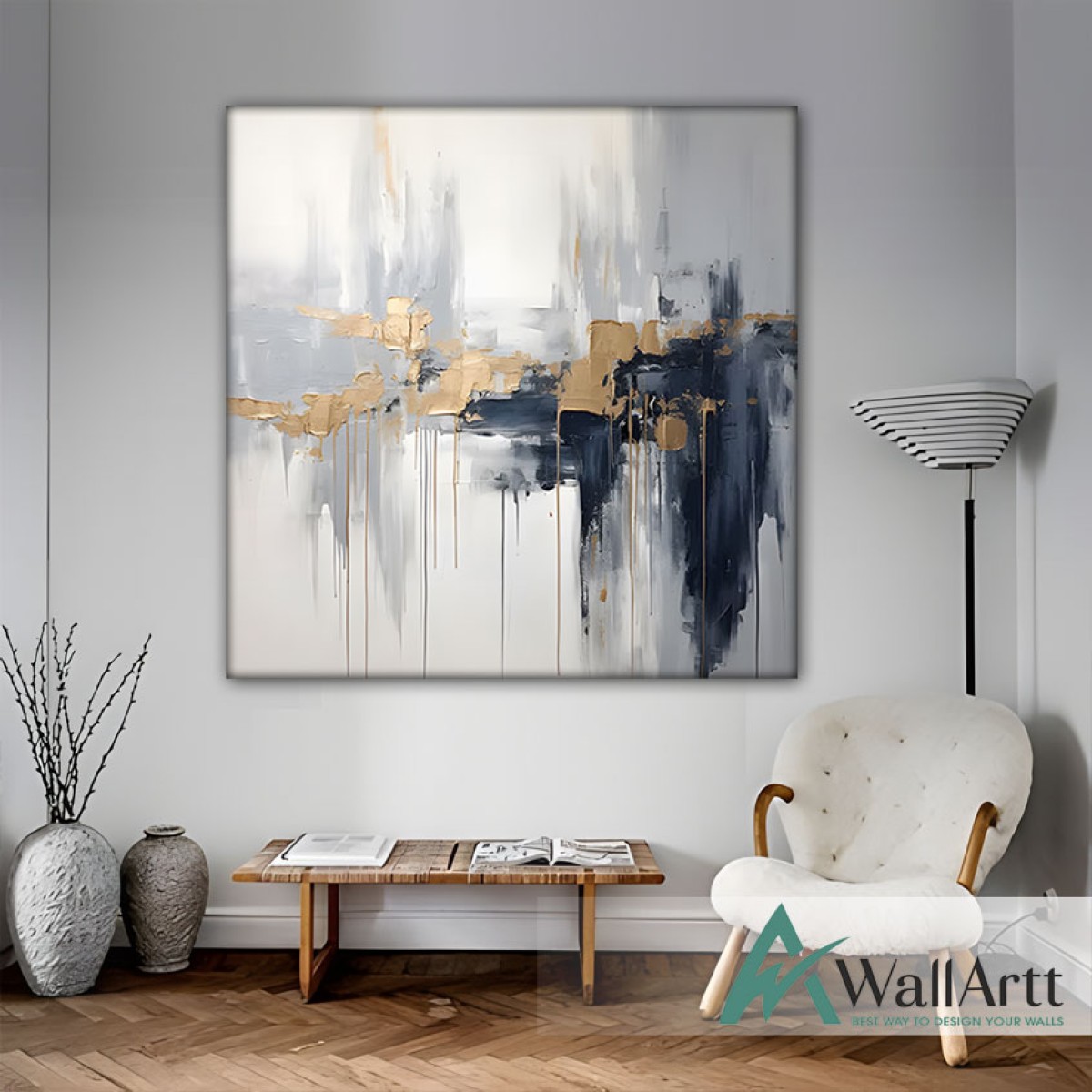 Abstract Gold Stream Textured Partial Oil Painting - Wall Art